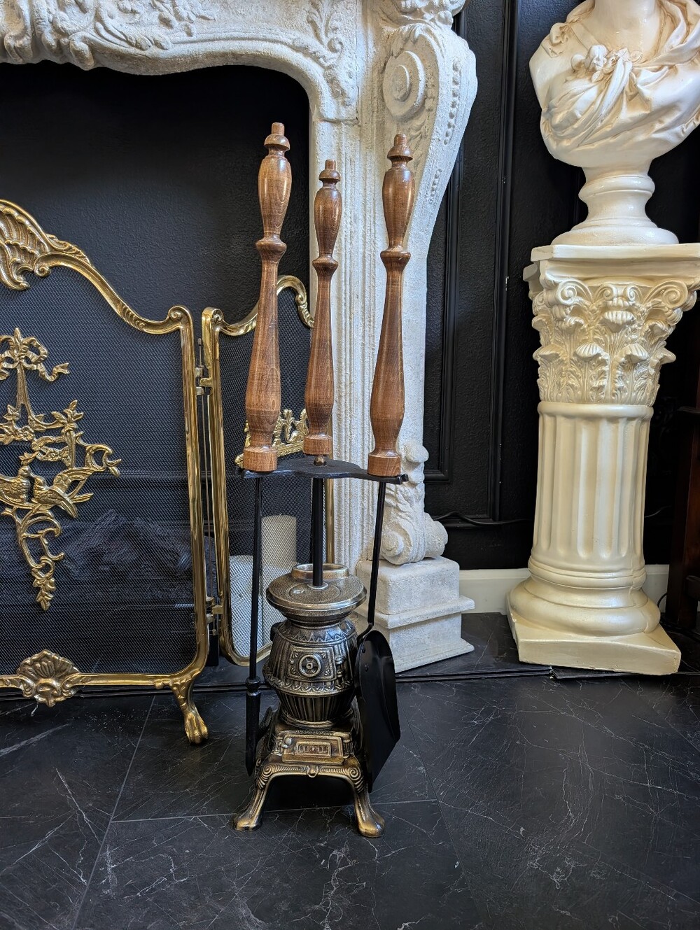 Vintage Cast Iron Gold Potbelly Stove Fireplace Tool Set 3-Piece Wood Turned Han